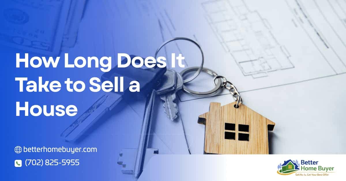 A set of house keys with a small wooden house keychain rests on home blueprints. Text reads How Long Does It Take to Sell a House and answers how fast will my house sell, along with contact info for Better Home Buyer and their logo.
