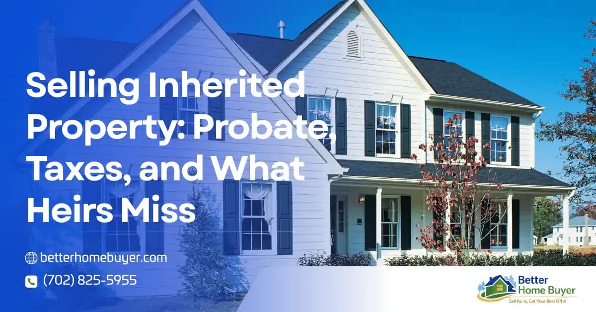 A white two-story house with black shutters and a front porch, overlaid with the text Selling Inherited Property: Probate, Taxes, and What Heirs Miss, along with a website, phone number, and Better Home Buyer logo.