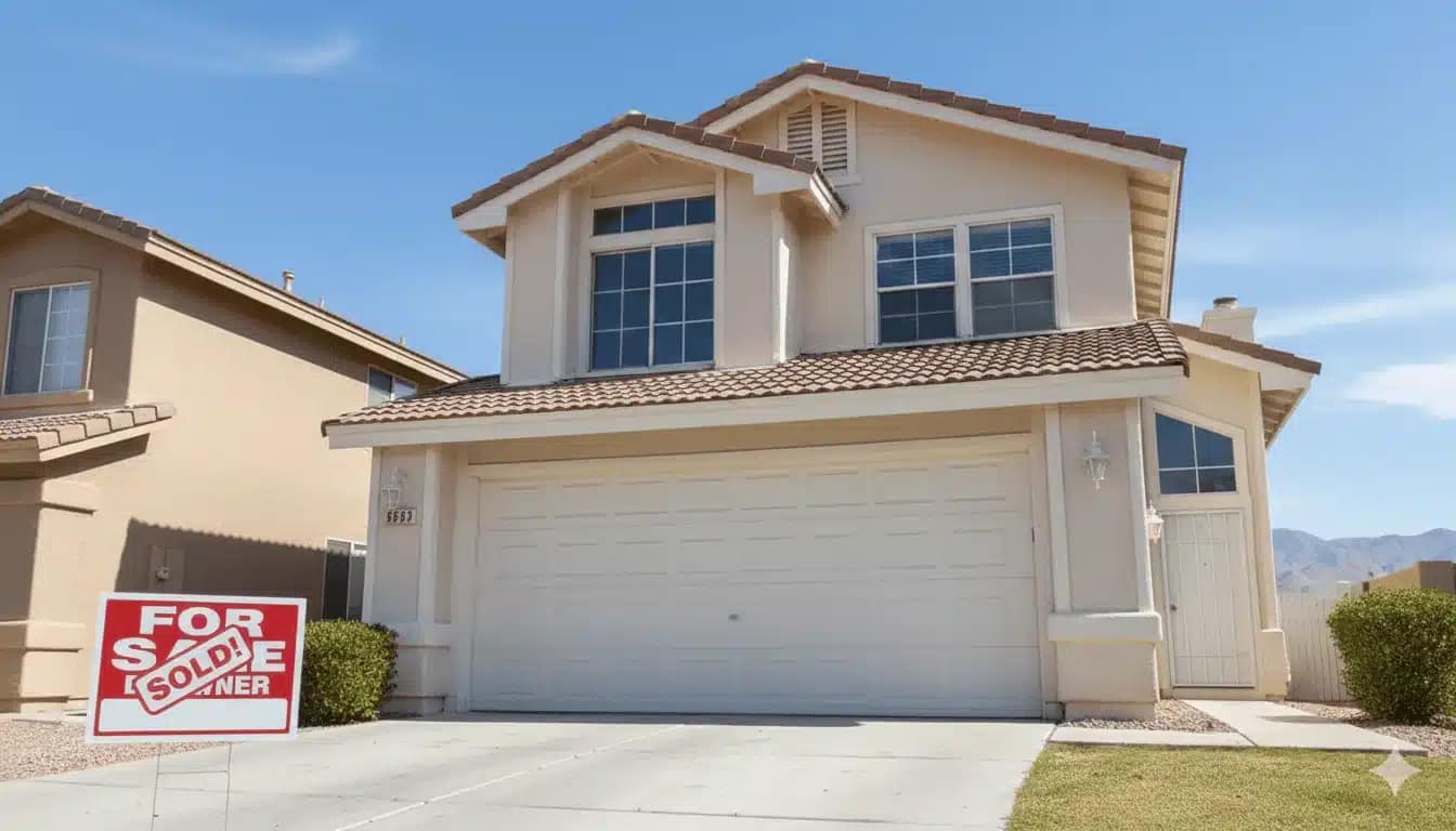A two-story beige house with a double garage, large windows, and a tiled roof is shown. A red For Sale By Owner sign in the yard displays a Sold! sticker—proof that you can sell your house fast, even with mountains in the background.