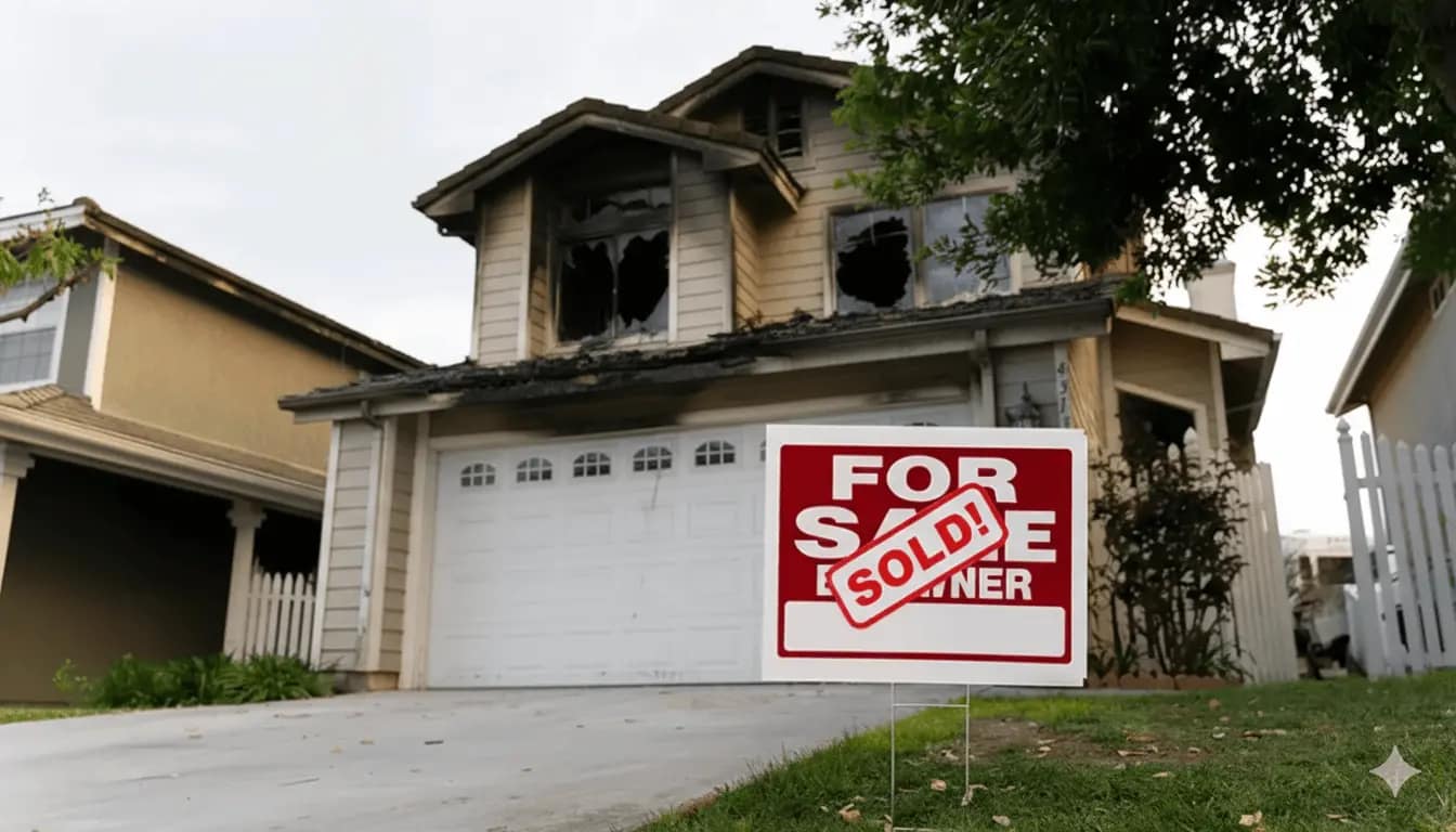 A damaged house with burned windows and roof has a For Sale by Owner sign in the front yard, marked with a red SOLD! sticker—proof that a cash buyer can help you sell your house as is.