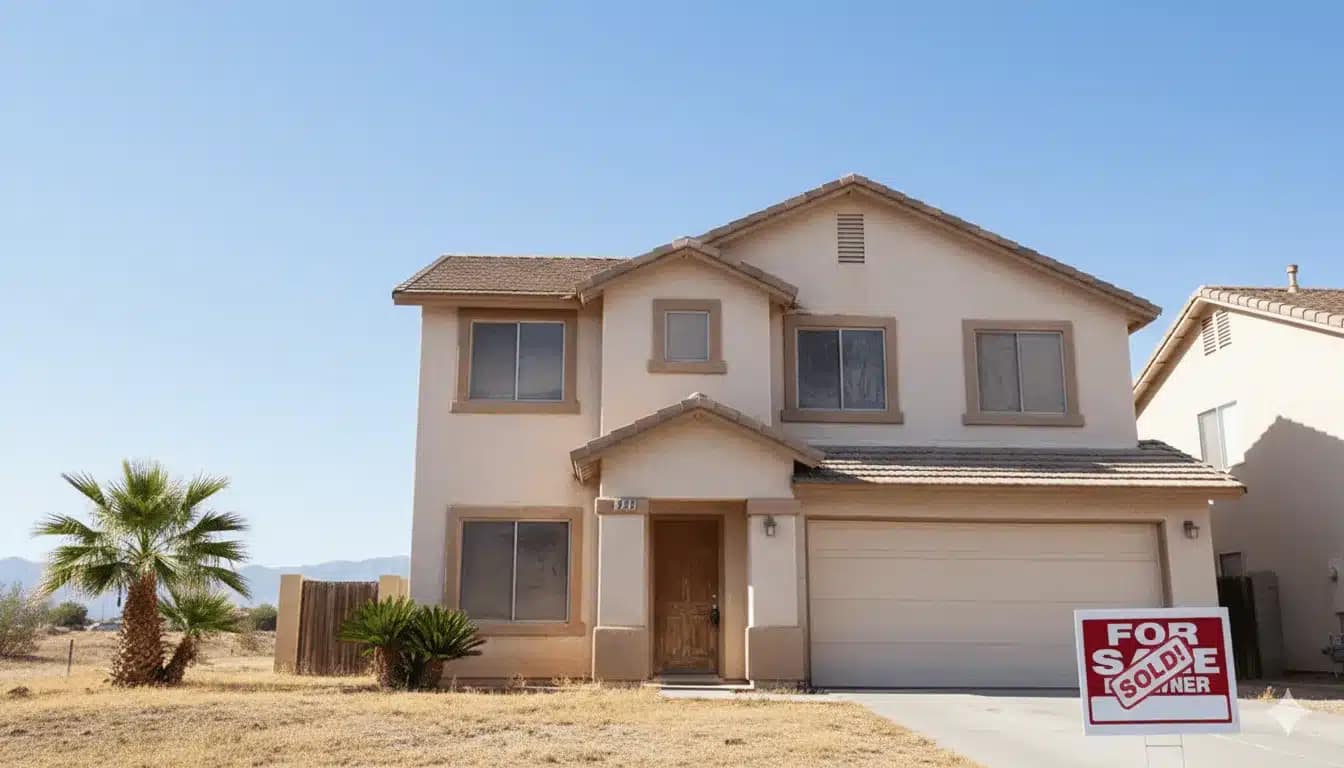 A two-story beige house with a two-car garage and brown trim, surrounded by dry grass, is available. A For Sale sign sits out front. Perfect for cash buyers looking to sell your house as is. Palm tree and clear blue sky complete the scene.