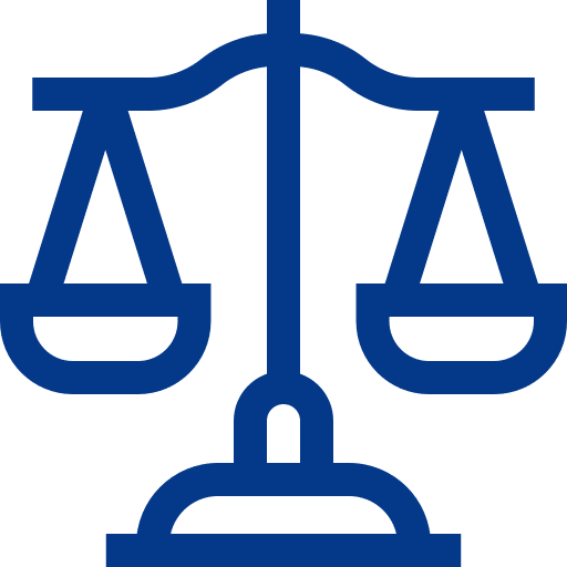 A simple blue icon of balanced scales, representing justice or fairness and the straightforward way cash buyers work when you want to sell your house fast, on a light gray background.