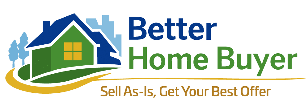 Logo for Better Home Buyer featuring a green house with yellow windows, trees, and city buildings in the background. Tagline below reads, Sell As-Is, Get Your Best Offer—perfect if you want to sell your house fast or sell your house as is.